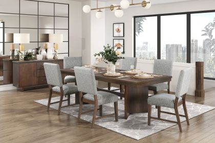 Walnut Finish Modern Dining Set 7pc Table with Self-Storing Extension Leaf and 6 Chairs Upholstered Wooden Furniture