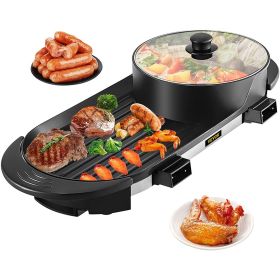 VEVOR 2 in 1 BBQ Grill and Hot Pot with Divider, Aluminum Alloy Electric BBQ Stove Hot Pot, Separate Dual Thermostat Teppanyaki Grill Pot with 5 Speed