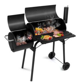 Barrel Charcoal Grill with Offset Smoker, All Metal Outdoor Smoker with Side Table and Wheels for Outdoor Garden Patio and Backyard Cooking